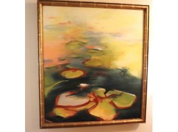 Signed Painting On Canvas Of Water Lilies In Detailed Gold Frame. Exotic And Refreshing
