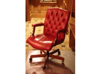 Cranberry Leather Swivel Office Chair On Rollers