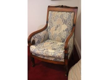 Quality Antique Chair With Curved Arms, Carved Legs And Beautiful Fabric