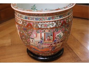 Large Asian Handpainted Urn On Wood Stand Measuring 21 Inches Wide/diameter By 20 Inches Tall