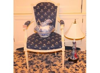 Pretty Country French Chair With Carved Arms , Blue/white Asian Lamp On Wood Base And Asian Bowl/pitcher