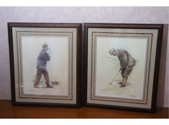 Pair Of Prints Of Old Time Golfers. Look At The Day When Men Smoked Pipes And Cigars While They Were Golfing