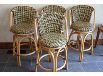 Four French Parlor Style Swivel Stools In Bamboo And Wicker