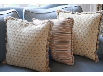 Three Custom Pillows. Quality Fabric With Fringes And Piping