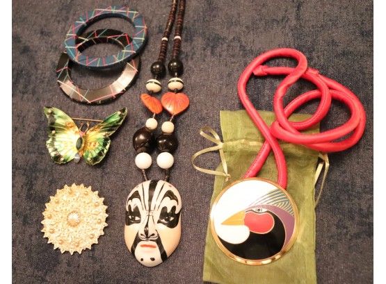 Vintage Jewelry, With Hand Painted Noh Mask Necklace, Harlequin Bird Pendant,