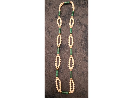 Interesting & Unique Pearl, Malachite & Gold Bead Necklace