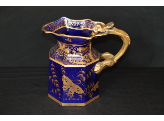 Antique Cobalt Porcelain Pitcher With Gold Painted Butterfly Design & Dragon Handle