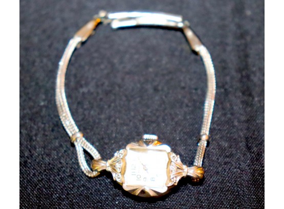 14K WG Vintage Benrus Ladies Watch With Diamonds On Bezel With Stainless Wristband