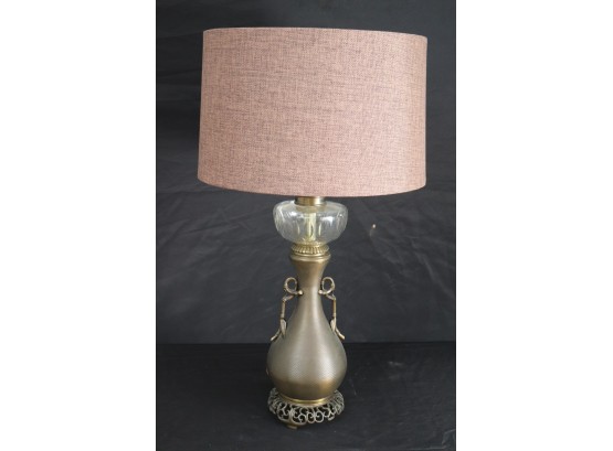 Patinated Brass Table Lamp With Bamboo Design Handles & Linen Shade