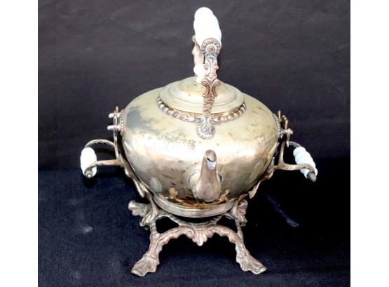 Vintage Silver Color Metal Teapot On Stand With Opaline Glass Handles