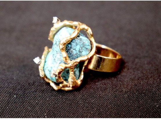 14K YG Open Design Turquoise Ring With 3 Diamond Accents