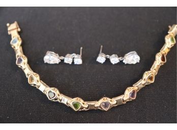 14K YG Link Bracelet With Heart Shaped Semi Precious Stones Plus 14K WG Pair Of Lively 3 CZ Earrings