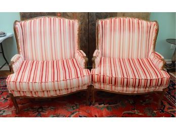Pair Of Oversized Custom Wing Chairs With Pink Velvet Striped Upholstery