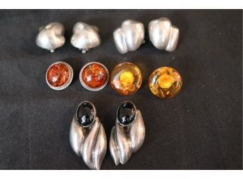 Lot Of 5 Sterling Silver & Amber Clip On Earrings