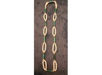 Interesting & Unique Pearl, Malachite & Gold Bead Necklace