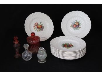 Set Of 11 Copeland Spode Floral Design Plates & 2 Antique Colored Glass Bottles