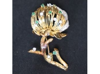 18K YG Fancy Floral Brooch/Pin With Diamond & Emerald Stones & Diamond Pave Ribbon
