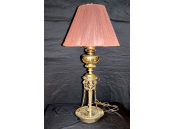 Monumental Tall Bronze Table Lamp With Oil Lamp Top And 4 Lions Heads Decoration