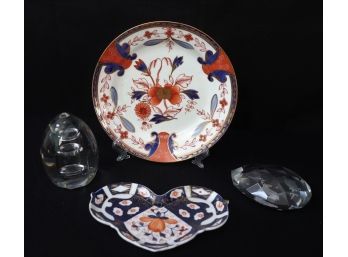 Antique Hand Painted Imari Design Plates & 2 Glass Paperweights