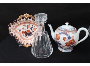 Baccarat Crystal Decanter, Limoges Teapot & Antique Aynsley Plate