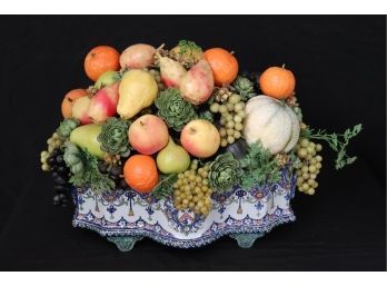 Gorgeous Impressive Hand Painted French Centerpiece With Handles & Exuberant Faux Fruit