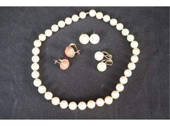 16' Faux Pearl Necklace With 2 Faux Pearl Earrings & Coral Earrings