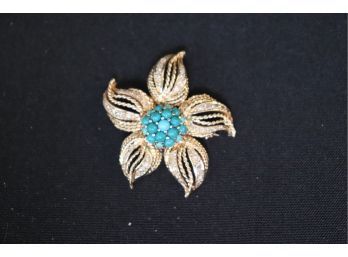 14K YG Gorgeous Diamond And Turquoise Seed Floral Pin