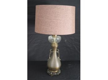 Patinated Brass Table Lamp With Bamboo Design Handles & Linen Shade