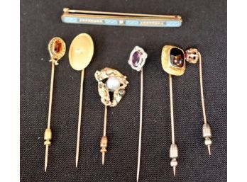 Group Of Six 10K &14K Vintage Hat Pins &  14K Lapel Pin With Mixed Stones