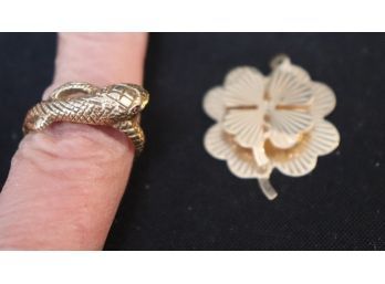 4 Leaf Clover Pendant In 14k YG And 10K YG Snake Ring