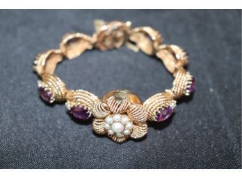 14K YG Watch Bracelet With Amethysts & Diamonds, Baby Pearls On Watch Cover