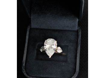 Ladies 14K WG Pear Shaped Cocktail Ring With Large CZ And Trillium Side CZs