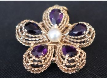 14K YG Double Sided Pendant With Amethysts & Pearls
