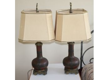Unique Pair Of Renaissance Revival Metal Lamps On Bronze Bases