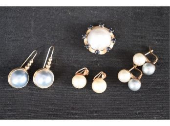 Assorted Pearl Jewelry, With Mabe Pearl, Gold Pin & Earrings