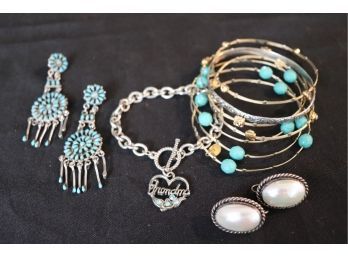 Pair Native American Sterling With Turquoise Earrings & Silver Grandma Charm Bracelet