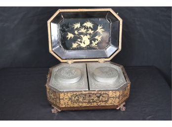 Very Special Antique Lacquered & Gold Painted Tea Caddy
