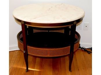Beautiful Oval Antique Side Table With Marble Top & Shelf With Cane Edging