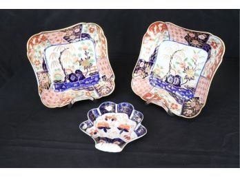 Pair Of Imari Japanese Hand Painted Plates & Shell Shaped Imari Dish