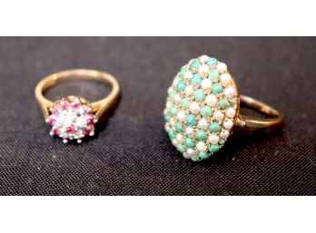 2 10K YG Ladies Rings With Diamonds And Rubies Other With Green And White Seed Pearls