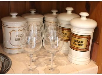 5 Antique Porcelain Apothecary Jars & 6 Wine Glasses