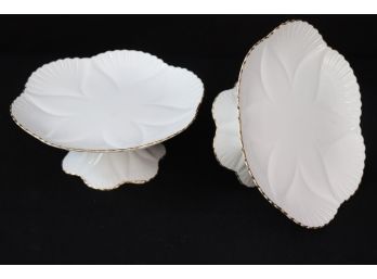 Pair Of Shelley England Cake Plates On Pedestals With Gold Trim