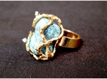 14K YG Open Design Turquoise Ring With 3 Diamond Accents