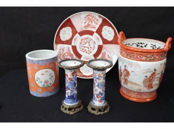 Asian Hand Painted Decorative Items With Candlesticks & Brush Pot