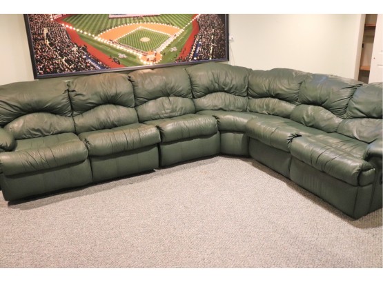 Large Forest Green Reclining Double Stich Leather Sectional Sofa