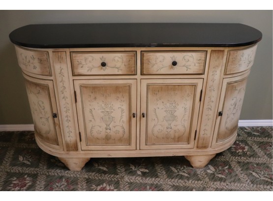 Stenciled Demilune Cabinet With Granite Top (Contents Are Not Included)