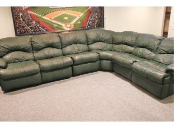 Large Forest Green Reclining Double Stich Leather Sectional Sofa