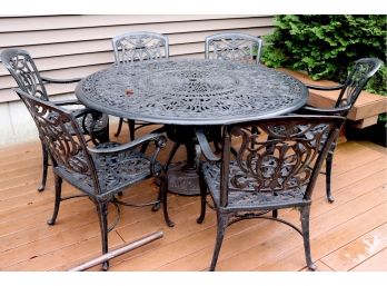 Cast Aluminum Florentine Style Outdoor Table 60 Inch Diameter With 6 Chairs Very Good Condition