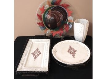 Collection Of Assorted Serving Trays Includes Lenox Vase