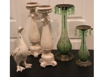 Tall Green Etched Glass Candle Pillars With Hanging Tassels & Carved Wood Duck, White Pillars